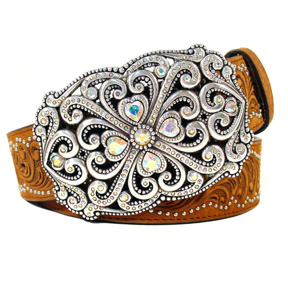 Nocona Accessories - NOCONA AB Heart Crystals Tooled Studded Belt 34